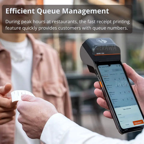 Plug And Chug Android 13 Handheld POS System With Integrated 58mm Thermal Printer cranks out receipts for efficient queue management.