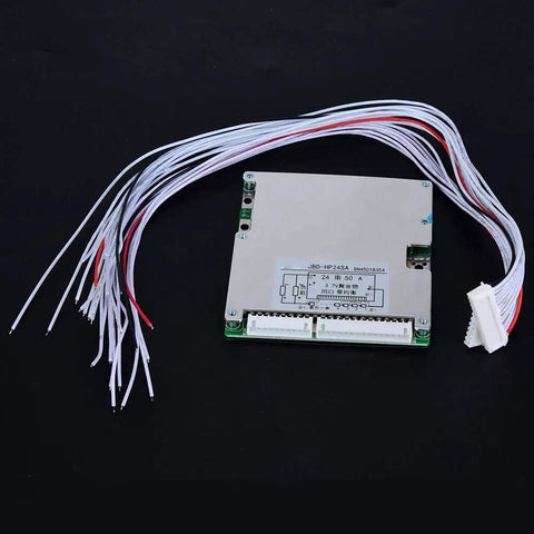 Workhorse 24 String 50 Amp 3.7 Volt Li Ion Lipo Bms Protection Circuit Board on black background with wires attached.