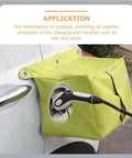 Universal EV Charger Rain Cover With Waterproof Port Shield For Electric Vehicles Outdoor Charging Accessory, yellow cover protecting charging port.