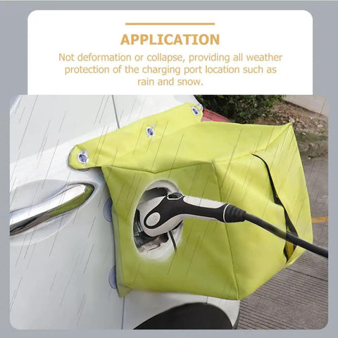 Universal EV Charger Rain Cover With Waterproof Port Shield For Electric Vehicles Outdoor Charging Accessory, yellow cover protecting charging port.