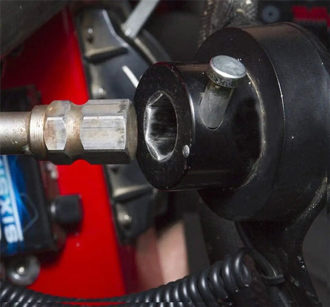 Close-up of Badass Quick Release Steering Wheel Hub Adapter Kit Three Quarter Inch Shaft Size Blue Oxidized Aluminum Alloy connection.