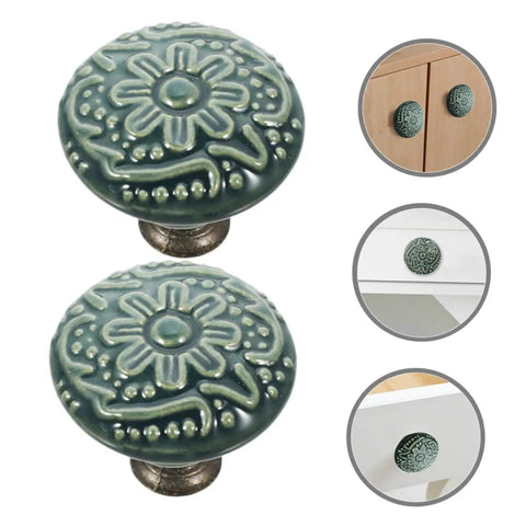 Set Of 10 Ceramic Drawer Pulls And Kitchen Cupboard Knobs With Vintage Pattern Single Hole Cabinet Door Handles In Celadon Blue