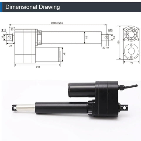 Rock Solid Electric Linear Actuator DC 12V Beefy Telescopic Lifting Rod with detailed dimensions and view for massage couches.