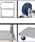 Close-up of foldable stainless steel platform cart details, including handles and wheels for heavy duty gear and appliance moving.
