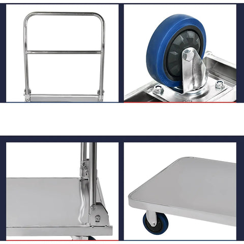 Heavy Duty Foldable Stainless Steel Platform Truck With Thick Panel For Hauling Gear And Appliances High Capacity Hand Truck Built Tough close-up of steel handle and durable blue wheel.