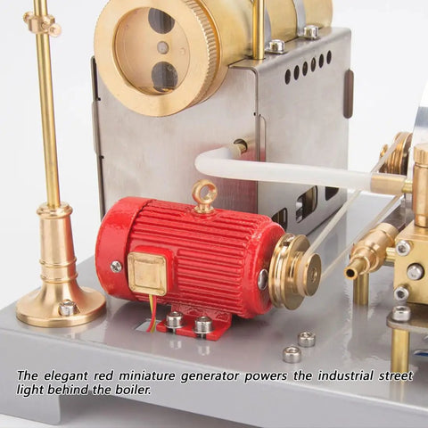 Red generator from Steam Engine Kit With Boiler, Generator And Street Lamp, Reversible Horizontal Stationary Engine Model.