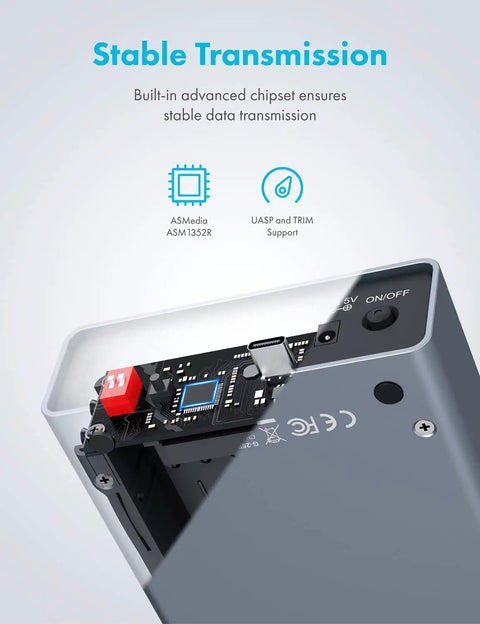 Close-up of Dual Bay External Raid Enclosure For 2.5 Inch Sata Drives With Usb C Gen Two Ports showing chipset and USB-C connection.