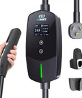 High Performance Level 2 EV Charger For Tesla with 25 ft cable, digital display showing 24A and 240V, suitable for home garage.