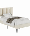 Twin Size Bed Frame Featuring Extra Thick Velvet Upholstered Headboard And Heavy Duty Hardwood Slats Pale Beige Platform Mattress Base with linens.