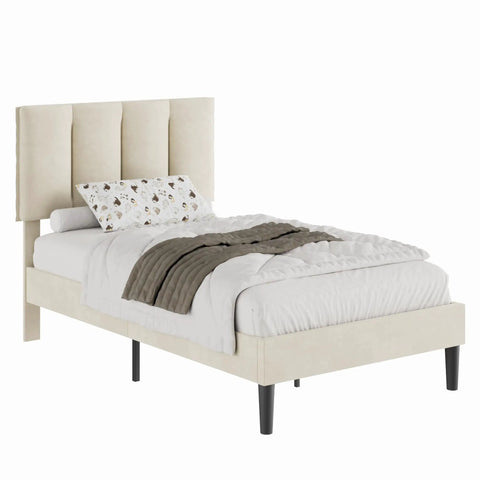 Twin Size Bed Frame Featuring Extra Thick Velvet Upholstered Headboard And Heavy Duty Hardwood Slats Pale Beige Platform Mattress Base with linens.
