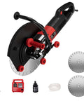 Heavy Duty Electric Concrete Cutter Saw With 8900W Motor Dual Blades And Integrated Water Pump showing main body, blades, and accessories.