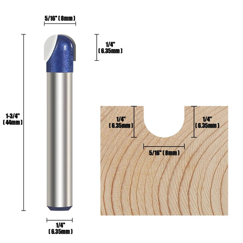 4 Pack Cove Router Bit Set With One Quarter Inch Shank Core Box Round Nose Milling Cutter For Woodworking Solid Carbide Juice Groove Bits DIYer Friendly Cutting Diameters One Quarter Inch, Five Sixteenth Inch, Three Eighth Inch, One Half Inch showing bit and groove dimensions.