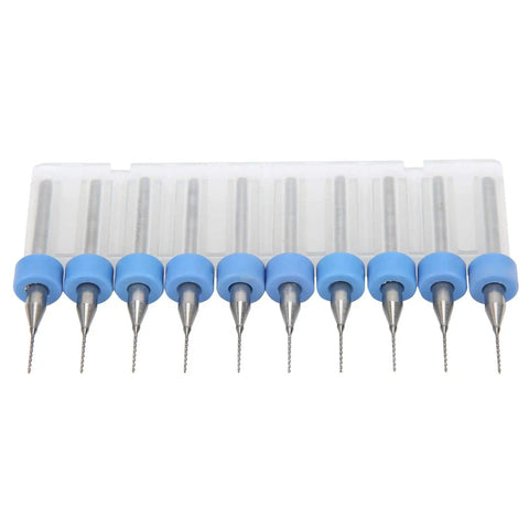 10 Piece Pro Grade Tungsten Carbide Micro Drill Bits Set For PCB SMT CNC Projects, displayed in a row with blue holders.