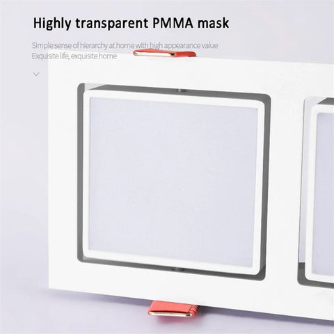 Highly transparent PMMA mask for LED recessed lighting, sleek design detail of fixture with simple installation feature.