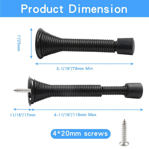 Two Pack Rock Solid Heavy Duty Spring Door Stops With Flexible Adjustable Range From Three And One Sixteenth Inches To Four And Eleven Sixteenths Inches Black Wall Mount Door Stops With Rubber Bumper shown with dimensions and screws