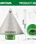 Heavy Duty 2 Inch Diamond Cone Tile Bit Countersink Drill dimensions 60 degree angle and 5/8 11 thread specifications.