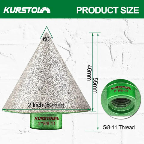 Heavy Duty 2 Inch Diamond Cone Tile Bit Countersink Drill dimensions 60 degree angle and 5/8 11 thread specifications.