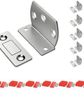 No Drill L-Shape Cabinet Catch Metal Gripping Door Hardware With Super Strong Adhesive Ultra Thin Fits Drawers Wardrobe Furniture Easy Install Holds Tight Without Damage - Silver zinc alloy latch with adhesive pads shown.