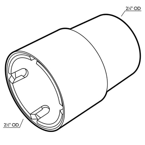 Diagram of a Two And A Half Inch Swivel Hose Adapter For Shop Vacuums, 360 Degree Dust Collection Fitting with dimensions marked.