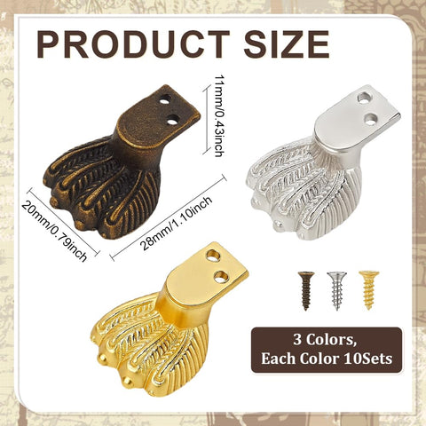 Dope Antique Zinc Alloy Feet Set 30 Pieces In 3 Colors For Jewelry Boxes Cabinets Wooden Case Furniture DIY Crafts Decor Vintage Corner Hardware Decorative Bottom Feet; bronze, silver, gold finishes with screws