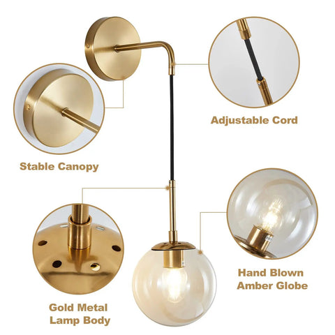 Mid Century Modern Wall Light With Adjustable Cord Raw Brass Round Glass Sconce And Amber Lampshade, showing details of canopy, cord, metal body, and globe.