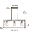 Three Light Modern Pendant Chandelier With Glass Shades In Brushed Nickel showcasing dimensions and design details.