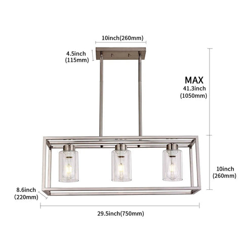 Three Light Modern Pendant Chandelier With Glass Shades In Brushed Nickel showcasing dimensions and design details.