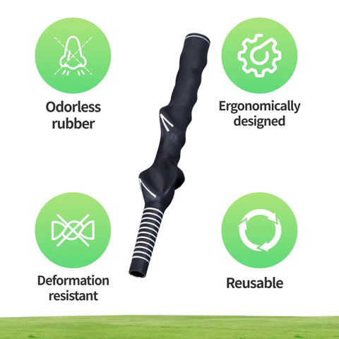 Right Hand Golf Training Grip For Beginners displaying ergonomic design and features like odorless rubber, deformation resistance, reusable.