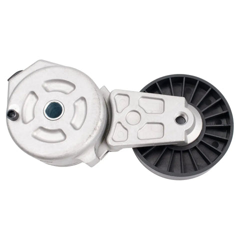 Heavy Duty Complete Serpentine Drive Belt And Tensioner Assembly Kit Stops Squealing Keeps Engine Running Smooth As Butter Ensures Power For Daily Commute And Cruising Fixes Belt Fast To Avoid Expensive Breakdowns Or Trouble And Keeps Driving Safe. silver serpentine belt tensioner assembly with black pulley