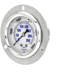 Panel-mount pressure gauge with front-flanged stainless steel case, glycerin-filled, 2.5-inch dial, 0–5000 psi, 1/4 in NPT