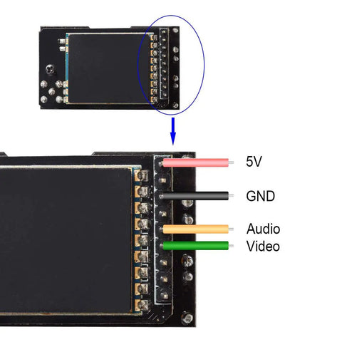 Wiring diagram for Diversity RX 5.8G 80CH FPV Receiver Module With OLED Display And Plug And Play Setup highlighting pin functions.