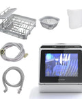 Compact Mini Wifi Smart Countertop Dishwasher With 5L Built In Water Tank And Six Wash Programs showing interior with dishes and components.