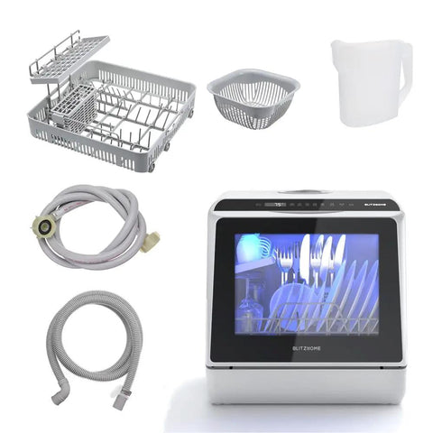 Compact Mini Wifi Smart Countertop Dishwasher With 5L Built In Water Tank And Six Wash Programs showing interior with dishes and components.