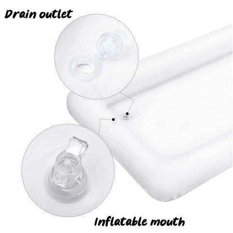Close-up of inflatable serving bar with detail on drain outlet and inflatable mouth mechanism for easy setup and cleanup.