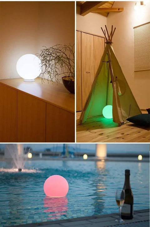 8 Inch Ultra Fun Led Glowing Ball Light with Remote RGB Color Changing Globe Mood Lamp in indoor and outdoor settings.