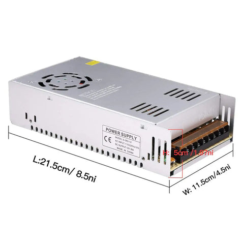 Beefy 30A 360W 12V DC Power Supply Universal Switch Mode Converter with dimensions and AC input for DIY projects.