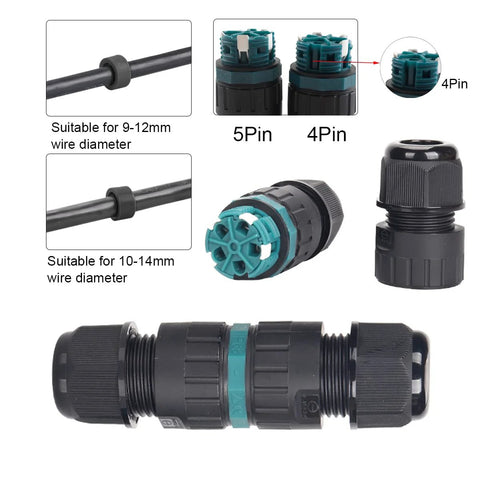 Waterproof M25 4-pin outdoor cable gland connector; black body with teal insert, suitable for 9–14mm wires.