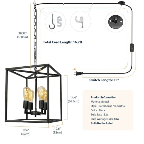 Black Farmhouse Dope Plug In Chandelier With Sixteen Point Seven Foot Cord Industrial Lantern Pendant Light For Kitchen Entryway Hallway And Dining Room Four Light Rustic Ceiling Fixture