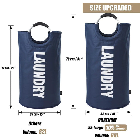 Comparison of Big Ol 95L Large Collapsible Laundry Basket With Freestanding Tall Hamper and similar 90L bin, showing size differences.