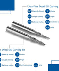 Two-piece 3D Carving Tapered Ball Nose End Mill Bit Set, 1/4 inch shank, visible size and detail specs, for CNC woodworking precision.