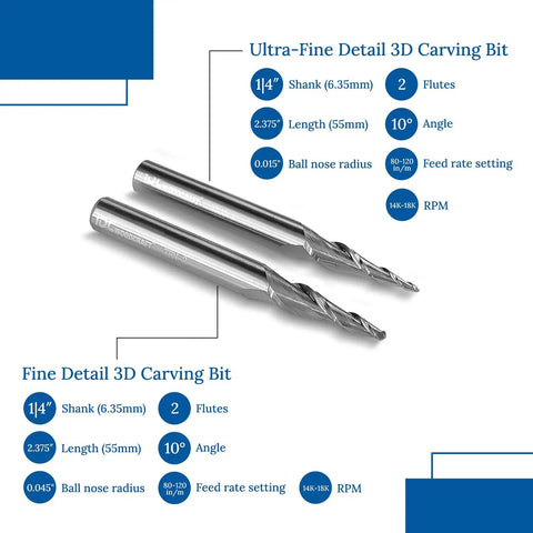 Two-piece 3D Carving Tapered Ball Nose End Mill Bit Set, 1/4 inch shank, visible size and detail specs, for CNC woodworking precision.