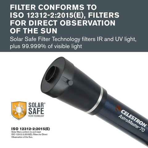 Close-up of Safe Solar Eclipse Telescope Filter for 70mm telescopes, ISO 12312-2 sun safety certified, showing front lens.