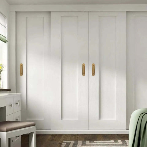 Self Stick Oval Sliding Door Pulls Set of 4 Aluminum Alloy Recessed Door Handles Punch Free Bronze Gold 180mm installed on white closet door