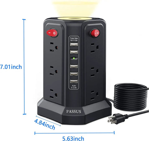 Beefy Heavy Duty Surge Protector Power Strip Tower with Five USB Ports and Built In Night Light Ten Foot Extension Cord and Twelve Outlets