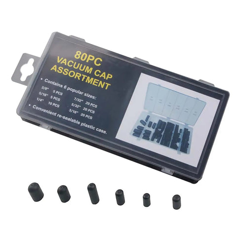 All-Purpose Vacuum Hose Caps Kit 80-Piece 6-Size Rubber End Caps And Plugs Set with Quick-Release Case displayed