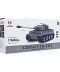 Packaging of 1/24 Scale RC Tiger I Battle Tank With Infrared Combat, featuring detailed model image and product details.