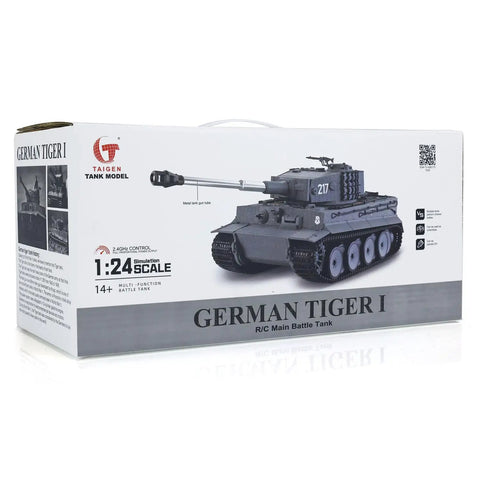 Packaging of 1/24 Scale RC Tiger I Battle Tank With Infrared Combat, featuring detailed model image and product details.