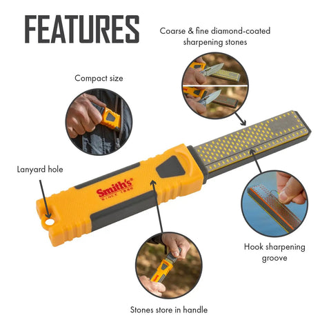 Features of Two Stage Diamond Sharpener with 4 Inch Double Sided Stone for knives, hooks, and pointed tools; compact and lightweight.