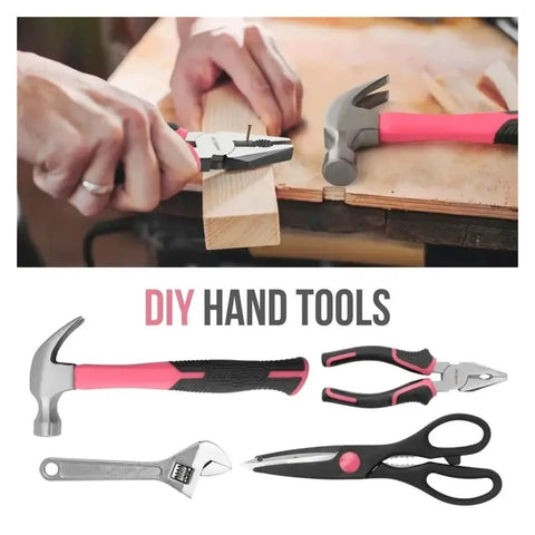 54 Piece Pink Tool Kit For Women Newbies DIY Home Repair Tools Set including hammer, pliers, wrench, and scissors in use