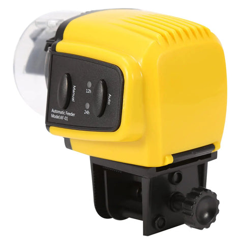 Dead Simple Automatic Fish Feeder With Battery Powered Digital Timer and Sleek LCD Panel mounted on an aquarium tank.